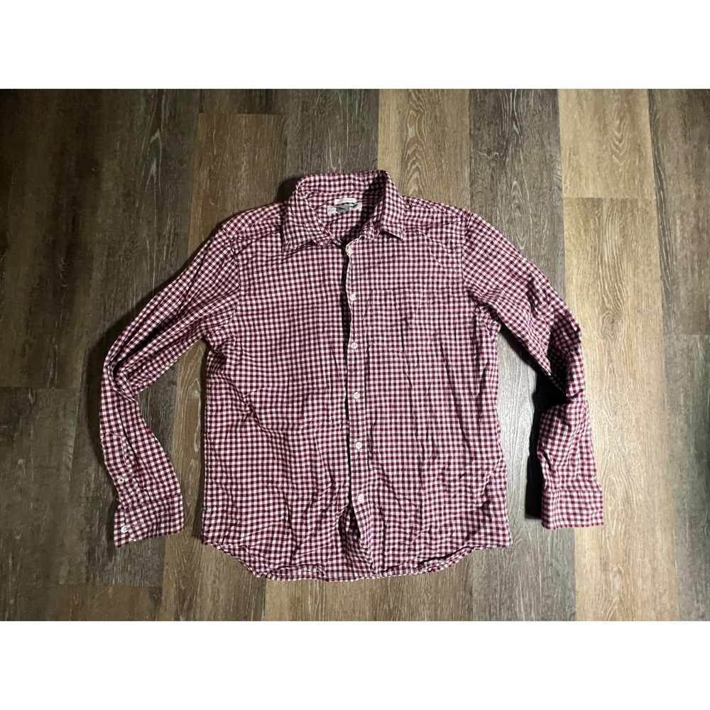 Old Navy Button Down Shirt Mens Large Burgundy Gingham Excellent Long Sleeve